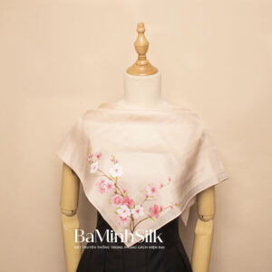 khăn lụa vuông hồng phấn cành đào 70x70