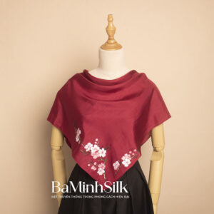 khăn lụa vuông đỏ cành đào 80x80