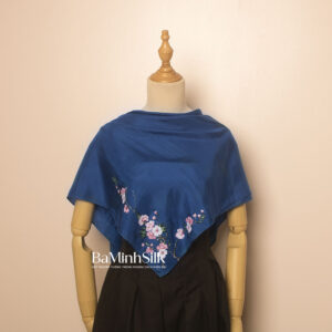 khăn lụa vuông xanh coban cành đào 80x80