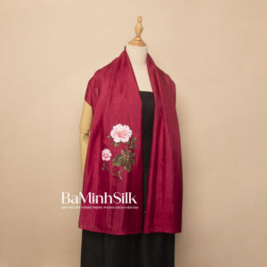 khăn lụa dài đỏ hoa mẫu đơn