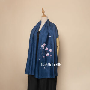 khăn lụa dài vẽ hoa mộc lan xanh coban