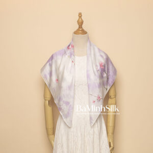 khăn lụa vuông shibori loang tím cành đào 80x80cm
