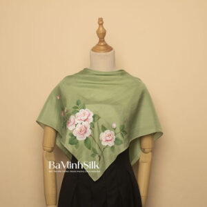 khăn lụa vuông vẽ hoa hồng xanh lá ngọc bích 80x80cm